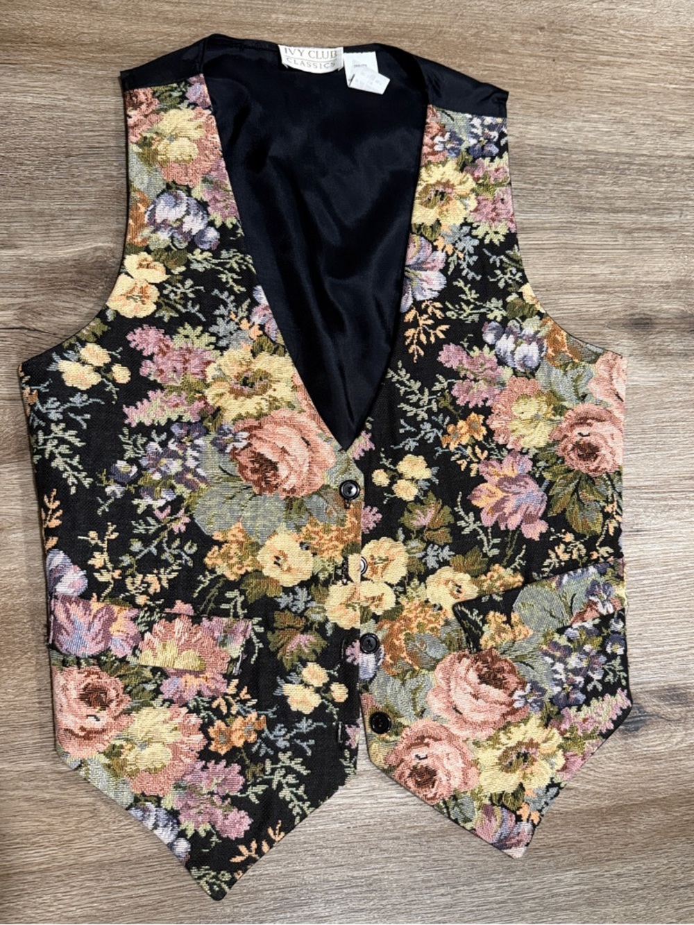 Vintage Floral Tapestry Vest - Women Top in Black with Multi-Color Floral